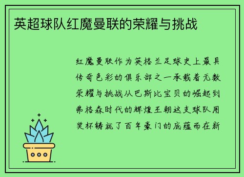 英超球队红魔曼联的荣耀与挑战